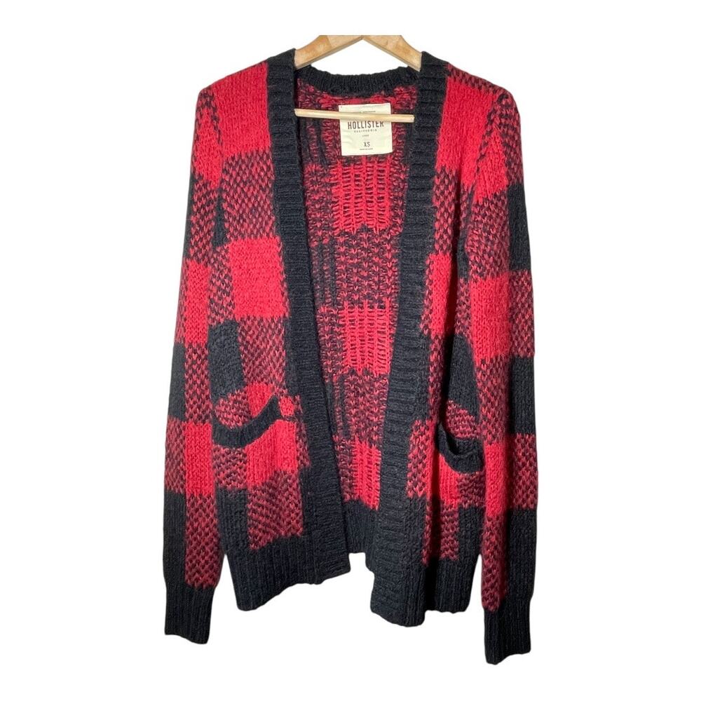 Hollister Cardigan Sweater Buffalo Check Red Black Size XS Pockets Lumberjack